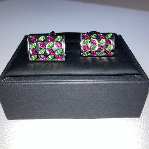 New Peridot and Fuchsia Crystal and Silver Tone Cufflinks with Cufflink Case - Picture 7 of 9